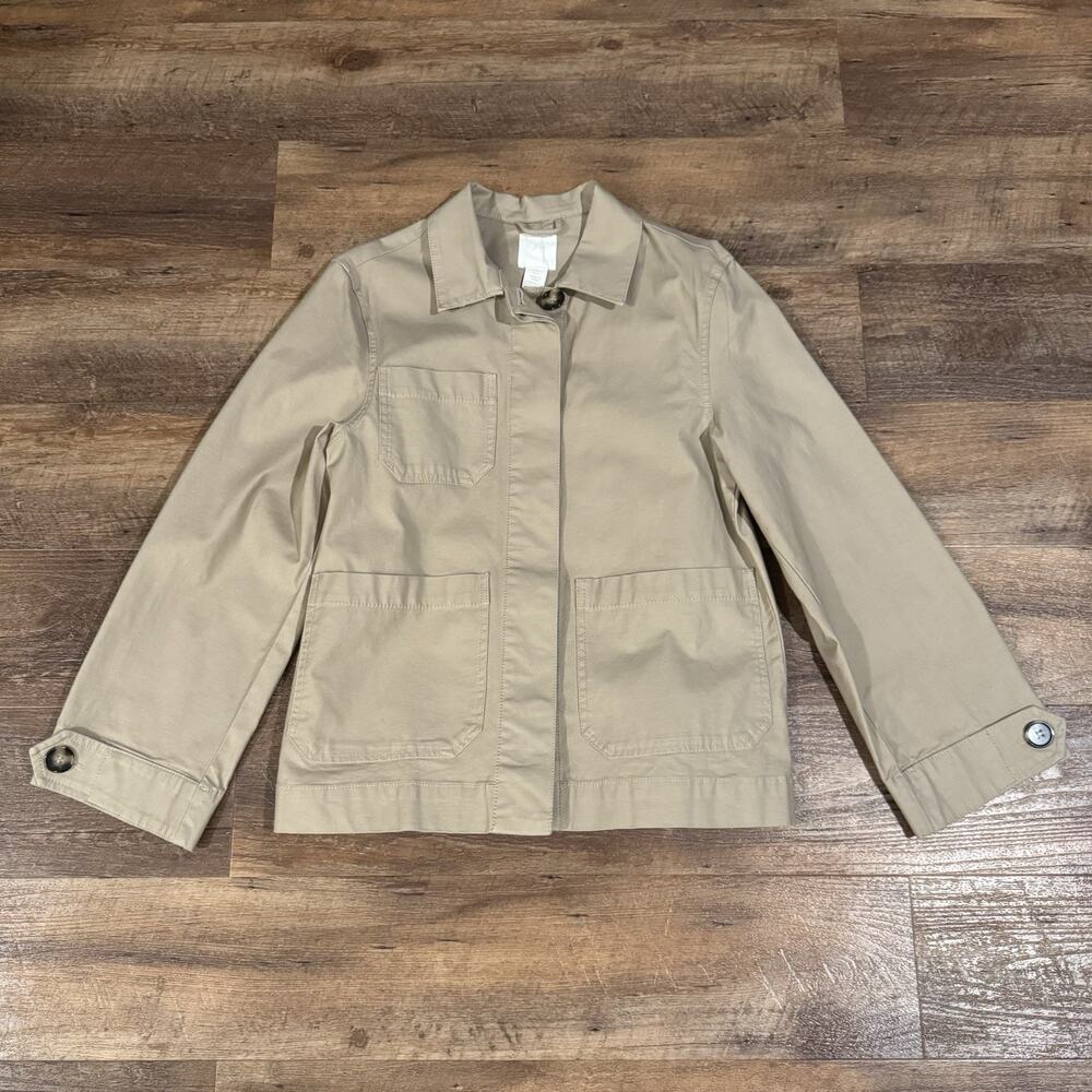 H&M Women's Khaki Tan Utility Chore Light Jacket Cotton Pockets Collared Size 0
